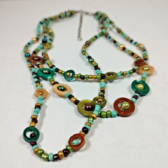 Boho Multicolor Bead Necklace Layered Statement Jewelry Retro Circles 16" - 19" - Picture 11 of 15